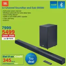 Incredible Connection JBL 3.1 Channel Soundbar and Sub SB580 offer