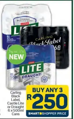 Pick n Pay Carling Black Label, Castle Lite or Draught 6 x 500ml Cans offer