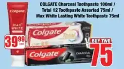 Boxer Colgate Charcoal Toothpaste/ Total 12 Toothpaste Assorted/ Max White Lasting White Toothpaste offer