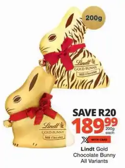 Checkers Lindt Gold Chocolate Bunny All Variants offer