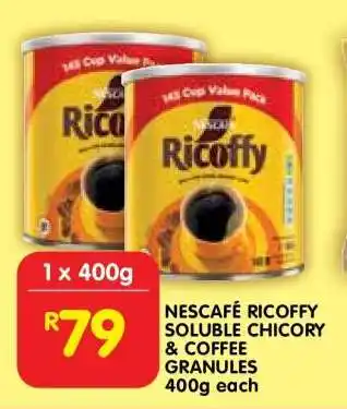 Shoprite NESCAFÉ RICOFFY SOLUBLE CHICORY & COFFEE GRANULES 400g each offer