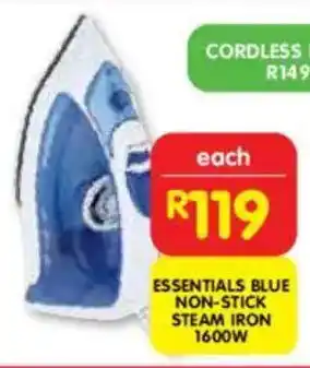 Shoprite Essentials blue non-stick steam iron 1600w offer