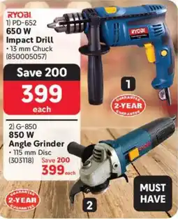 Makro Ryobi 650W Impact Drill or 850W Angle Grinder offer