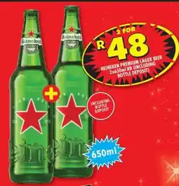 Shoprite HEINEKEN PREMIUM LAGER BEER 2x650ml RB (INCLUDING BOTTLE DEPOSIT) offer