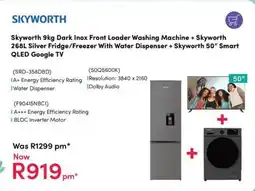 Teljoy Skyworth Dark Inox Front Loader Washing Machine + Silver Fridge/ Freezer With Water Dispenser + 50" Smart QLED Google TV offer