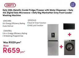 Teljoy Defy Metallic Combi Fridge/Freezer with Water Dispenser +Digital Solo Microwave + Manhattan Grey Front Loader Washing Machine offer