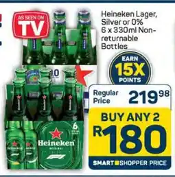 Pick n Pay Heineken Lager, Silver or 0% 6 x 330ml Non-returnable Bottles offer