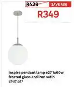 Leroy Merlin Inspire Pendant Lamp E27 x 1 x 60W Frosted Glass & Iron Satin 81401517 offer
