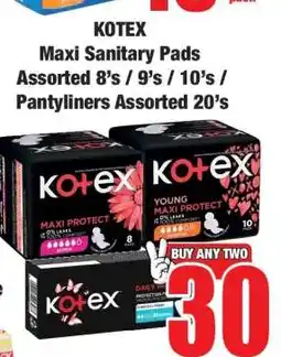 Boxer KOTEX Maxi Sanitary Pads Assorted 8's / 9's / 10's / Pantyliners Assorted 20's offer