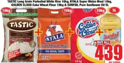 Boxer TASTIC Long Grain Parboiled White Rice, NYALA Super Maize Meal, GOLDEN CLOUD Cake Wheat Flour & SUNFOIL Pure Sunflower Oil offer