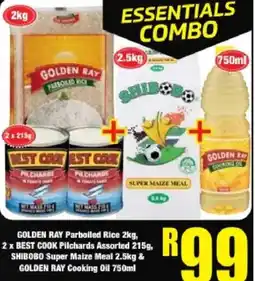 Boxer Golden ray parboiled rice, 2 x best cook pilchards assorted, shibobo super maize meal 2.5kg & golden ray cooking oil 750ml offer