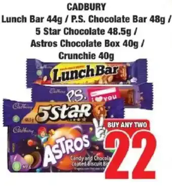 Boxer Cadbury Lunch Bar/ P.S. Chocolate Bar/ 5 Star Chocolate/ Astros Chocolate Box/ Crunchie offer