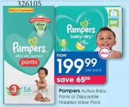 Clicks Pampers Active Baby Pants or Disposable Nappies Value Pack offer