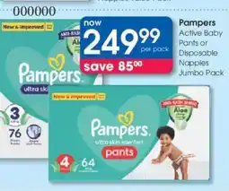 Clicks Pampers Active Baby Pants or Disposable Nappies Jumbo Pack offer