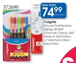 Clicks Colgate Manual Toothbrushes ZigZag, Slimsoft Charcoal, Colours, 360 Medium, Extra Clean or Total Foam Clean Value Pack offer