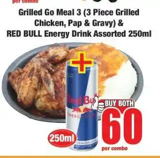 Boxer Grilled Go Meal 3 (3 Piece Grilled Chicken, Pap & Gravy) & RED BULL Energy Drink Assorted 250ml offer