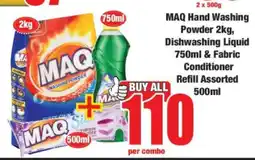 Boxer MAQ Hand Washing Powder 2kg, Dishwashing Liquid 750ml & Fabric Conditioner Refill Assorted 500ml offer