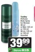Spar Yardley Perfume Body Spray For Women 90ml Or Men 125ml Or 150ml 90ml, 125ml Or 150ml Assorted-Each offer
