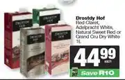 Spar Drostdy Hof Red Claret, Adelpracht White, Natural Sweet Red Or Grand Cru Dry White-1Ltr Each offer