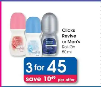 Clicks Clicks Revive or Men's Roll-On 50 ml offer