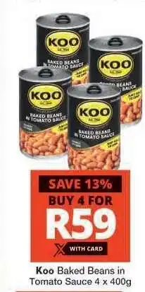 Checkers Koo Baked Beans in Tomato Sauce 4 x 400g offer