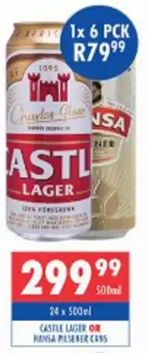 Ultra Liquors Castle lager or hansa pilsener cans offer