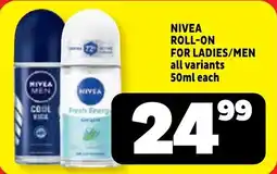 Usave Nivea roll-on for ladies/ men offer