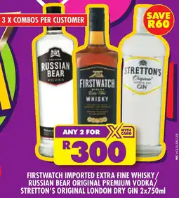 Shoprite Liquor Firstwatch imported extra fine whisky/ russian bear original premium vodka/ stretton's original london dry gin offer