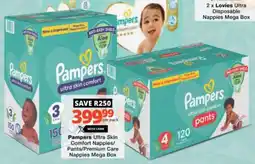 Checkers Pampers Ultra Skin Comfort Nappies/ Pants/ Premium Care Nappies Mega Box offer