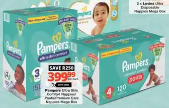 Checkers Pampers Ultra Skin Comfort Nappies/ Pants/ Premium Care Nappies Mega Box offer
