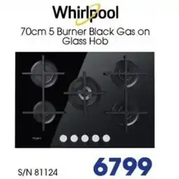 Hirsch's Whirlpool 70cm 5 Burner Black Gas on Glass Hob offer