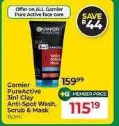 Dis-Chem Garnier Pure Active 3 In 1 Clay Anti Spot Wash, Scrub & Mask-150ml offer