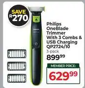 Dis-Chem Philips One Blade Trimmer With 3 Combs & USB Charging QP2724/10 (3 Pack) offer