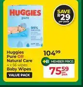 Dis-Chem Huggies Pure Or Natural Care Baby Wipes (4 x 56 Wipes)-Per Pack offer