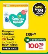 Dis-Chem Pampers Sensitive (4 x 56 Wipes) Or Fresh (4 x 64 Wipes) Baby Wipes-Per Pack offer
