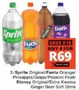 Checkers Sprite Original/ Fanta Orange/ Pineapple/ Grape/ Passion Fruit/ Stoney Original/ Extra Kwetsa Ginger Beer Soft Drink offer