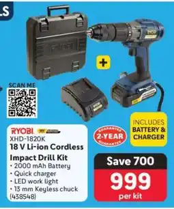 Makro RYOBI XHD-1820K 18 V Li-ion Cordless Impact Drill Kit offer