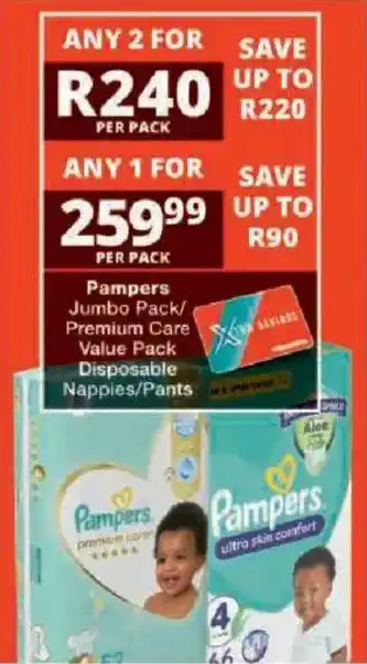 Checkers Pampers Jumbo Pack/ Premium Care Value Pack Disposable Nappies/ Pants offer