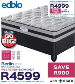 Sleepmasters Edblo Berlin 137cm Double Bed Set offer