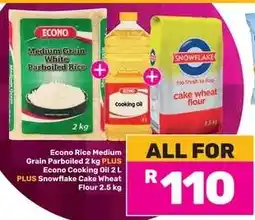 Game Econo Rice Medium Grain Parboiled 2 kg + Econo Cooking Oil 2 L + Snowflake Cake Wheat Flour 2.5 kg offer