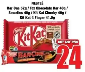 Boxer Nestlé Bar One/ Tex Chocolate Bar/ Smarties/ Kit Kat Chunky/ Kit Kat 4 Finger offer