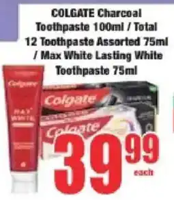 Boxer Colgate Charcoal Toothpaste/ Total 12 Toothpaste Assorted/ Max White Lasting White Toothpaste offer