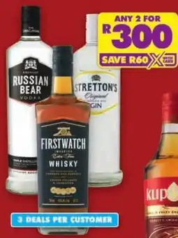 Shoprite Firstwatch whisky/ russian bear vodka/ stretton's gin offer