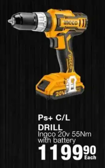 Build It Ingco Ps+ C/L Drill 20v 55Nm with battery offer