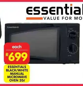 Shoprite ESSENTIALS BLACK/WHITE MANUAL MICROWAVE OVEN 20ℓ offer