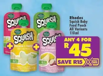Shoprite RHODES SQUISH BABY FOOD POUCH all variants 110ml offer