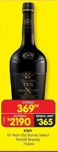 Shoprite KWV 10 Year Old Barrel Select Potstill Brandy 750ml offer