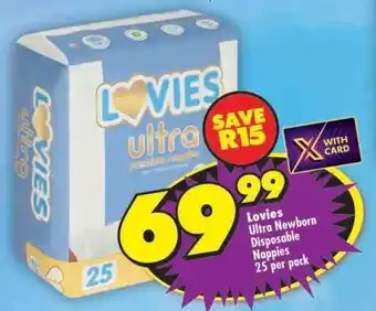 Shoprite LOVIES ULTRA NEWBORN DISPOSABLE NAPPIES 25 per pack offer