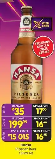 Shoprite HANSA PILSENER BEER 750ml RB offer