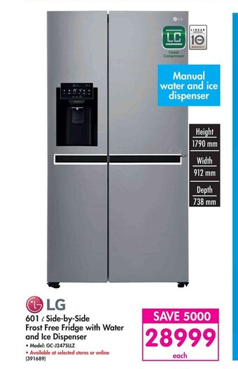LG - 601L Side-by-Side Frost Free Fridge with Water and Ice Dispenser